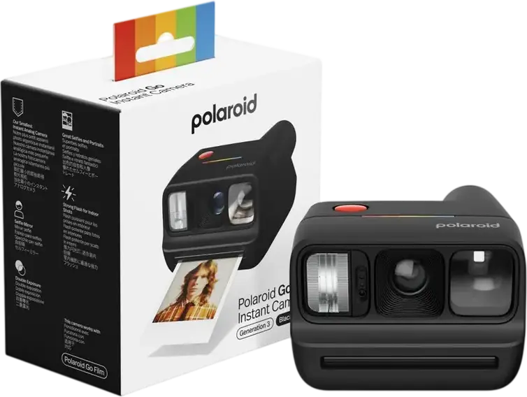 Polaroid Go Generation 3 Instant Camera, Black, Xenon Flash, USB Type-C, Selfie Mirror, Self-Timer, Double Exposure Mode, with Wrist Strap