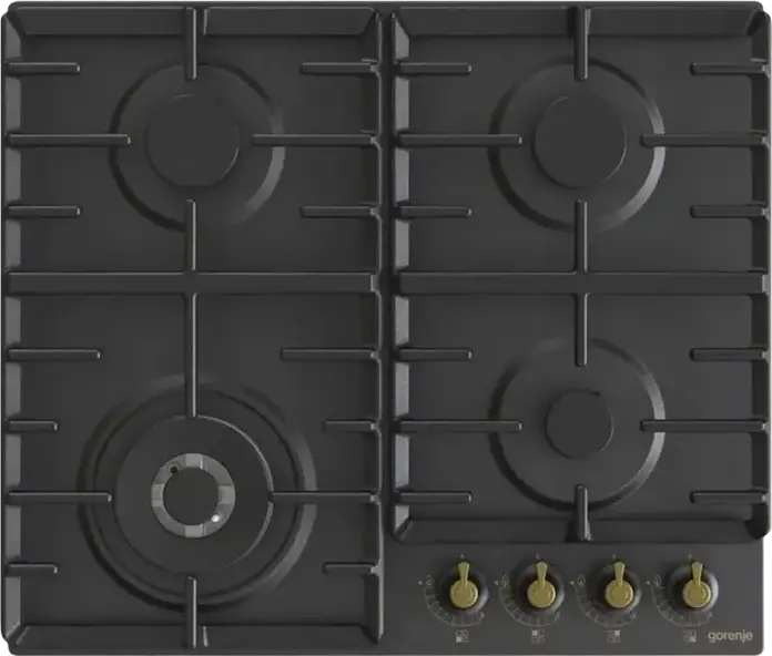 Газовая варочная панель Gorenje GW 642 CLB Classico, 60см, 4 конфорки с WOK-горелкой 4.05кВт, чугунные решетки, золотистые ручки, система Gas-Control, черная