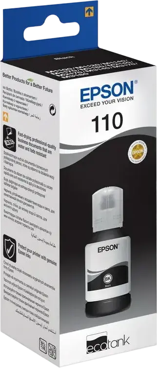 Чернила Epson 110 EcoTank Black Пигментные C13T03P14A, 120мл, ресурс 6000 страниц, устойчивость к воде и выцветанию для M1100 M1120 M1140 M1170 M1180 M2110 M2120 M2140 M2170 M3140 M3170 M3180