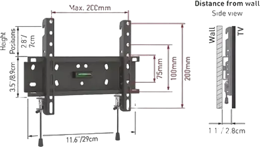 Barkan E20 Fixed TV Wall Mount for 13-43 Inch Screens, Spring Lock Mechanism, VESA up to 200x200mm, 40kg Capacity, Built-in Bubble Level, Black Metal