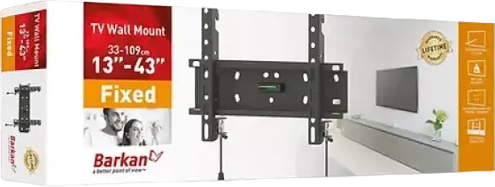 Barkan E20 Fixed TV Wall Mount for 13-43 Inch Screens, Spring Lock Mechanism, VESA up to 200x200mm, 40kg Capacity, Built-in Bubble Level, Black Metal