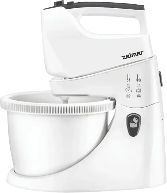 Mixer detașabil staționar Zelmer ZHM2559, 750W, Bol de Plastic de 3L cu Rotație, 5 Trepte de Viteză, Mod Turbo, Set de 4 Accesorii inclusiv 2 Cârlige pentru Aluat și 2 Teluri, Alb