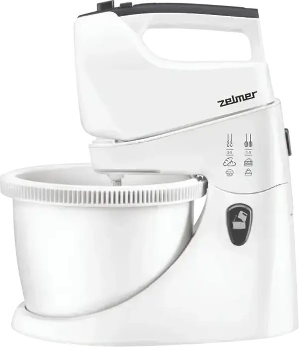 Mixer detașabil staționar Zelmer ZHM2559, 750W, Bol de Plastic de 3L cu Rotație, 5 Trepte de Viteză, Mod Turbo, Set de 4 Accesorii inclusiv 2 Cârlige pentru Aluat și 2 Teluri, Alb