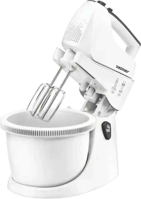 Mixer detașabil staționar Zelmer ZHM2559, 750W, Bol de Plastic de 3L cu Rotație, 5 Trepte de Viteză, Mod Turbo, Set de 4 Accesorii inclusiv 2 Cârlige pentru Aluat și 2 Teluri, Alb