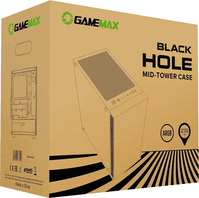 Gamemax Black Hole Midi ATX Tower Case, Tempered Glass Side Panel, 2 x 200mm ARGB Fans, RGB Controller, ATX/M-ATX/ITX Support, Black