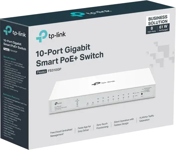 Switch Smart PoE+ TP-Link Festa FS310GP, 10 Porturi Gigabit, 8 Porturi PoE+ Buget 61W, 2 Sloturi SFP, Management Cloud, Design Metalic Fara Ventilator