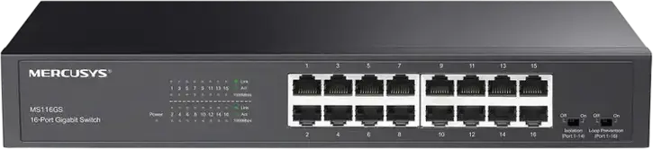 Mercusys MS116GS 16-Port Gigabit Ethernet Switch, 10/100/1000 Mbps, Desktop/Rackmount, Metal Casing, Fanless Silent Design, Isolation & Loop Prevention