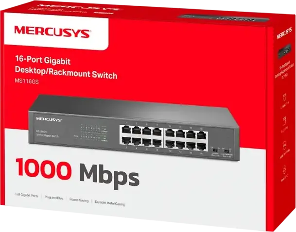 Mercusys MS116GS 16-Port Gigabit Ethernet Switch, 10/100/1000 Mbps, Desktop/Rackmount, Metal Casing, Fanless Silent Design, Isolation & Loop Prevention
