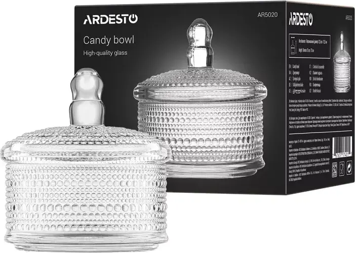 Ardesto AR5020 Verbena Glass Candy Bowl with Lid, Round Textured Transparent Glass Food Container, 12.5 cm Diameter, 15 cm Height, Dishwasher & Microwave Safe