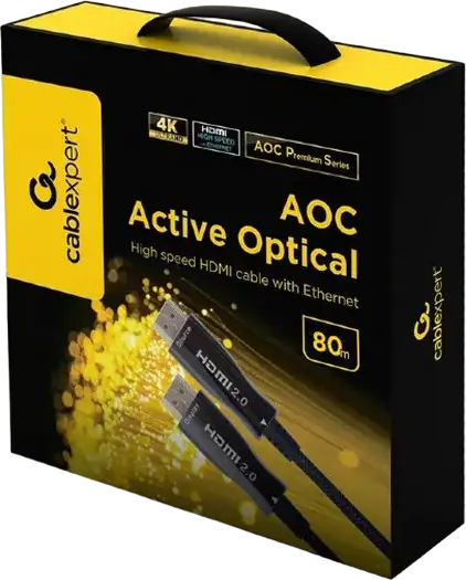 Оптический HDMI кабель Cablexpert CCBP-HDMI-AOC-80M-02 AOC Premium Series 2.0, 80м, 4K UHD 60Гц, HDR, Ethernet, позолоченные коннекторы, нейлон, черный