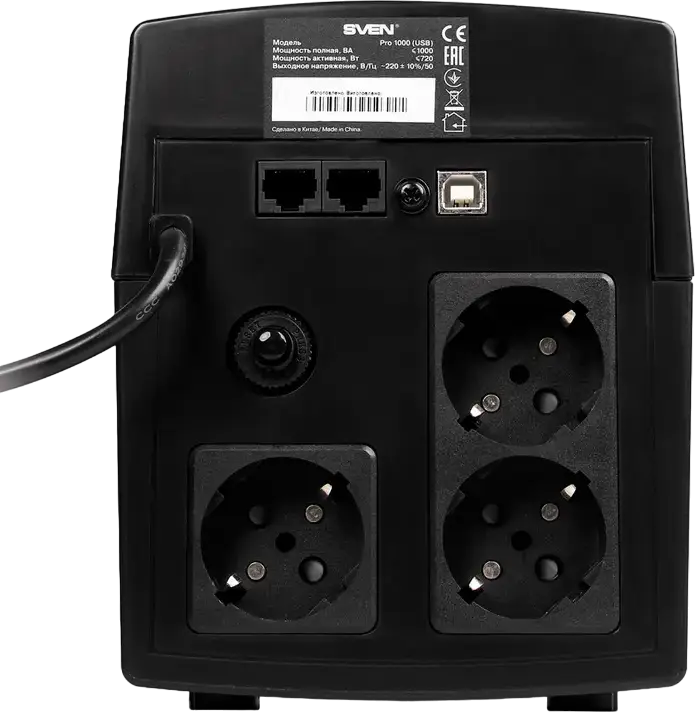 SVEN Pro Line Interactive UPS, 1000 VA, AVR, Sinusoidal Output, LCD Display, USB & RJ-45 Protection, 3 EU Sockets, Tower Form Factor