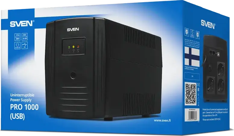 SVEN Pro Line Interactive UPS, 1000 VA, AVR, Sinusoidal Output, LCD Display, USB & RJ-45 Protection, 3 EU Sockets, Tower Form Factor