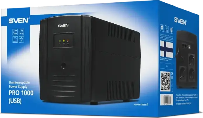 SVEN Pro Line Interactive UPS, 1000 VA, AVR, Sinusoidal Output, LCD Display, USB & RJ-45 Protection, 3 EU Sockets, Tower Form Factor
