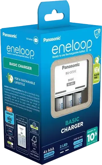Panasonic BQ-CC51C eneloop Basic Battery Charger for AA and AAA Ni-MH Batteries, 4 Charging Slots, Includes 4 x 800mAh AAA Batteries, White, EU Plug