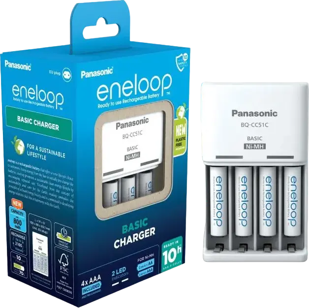 Panasonic BQ-CC51C eneloop Basic Battery Charger for AA and AAA Ni-MH Batteries, 4 Charging Slots, Includes 4 x 800mAh AAA Batteries, White, EU Plug