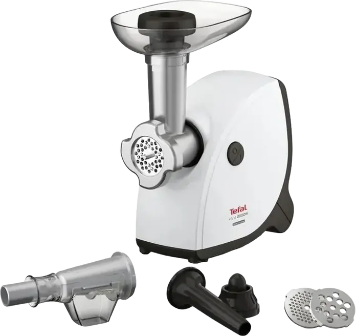 Мясорубка Tefal NE463138 HV4, 2000 Вт, производительность 2.3 кг/мин, 6-в-1, с 3 дисками из нержавеющей стали, насадками для колбас и кеббе, белая