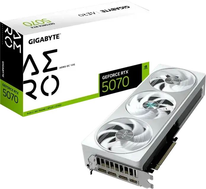 Placa video Gigabyte GeForce RTX 5070 AERO OC 12GB GDDR7 GV-N5070AERO OC-12GD Arhitectura Blackwell PCI-E 5.0 Răcire WindForce 3 Ventilatoare Alb RGB