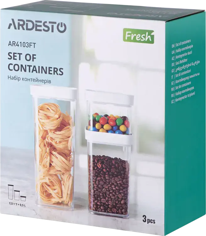 Ardesto AR4103FT Fresh Vacuum Container Set, 3-Piece Rectangular Plastic Food Storage with Lids, 0.5L 1L 1.5L, Transparent, Dishwasher Safe