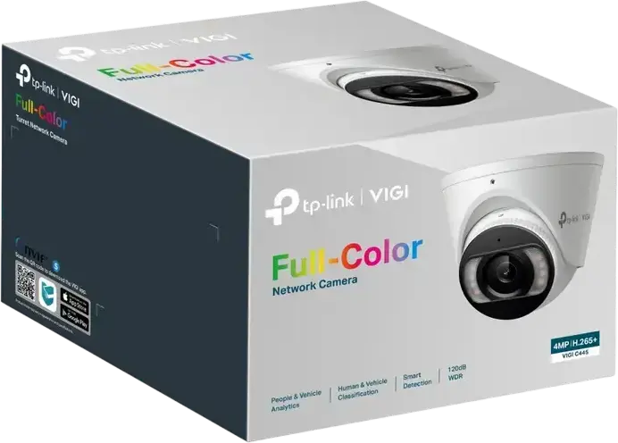 TP-Link VIGI C445 4MP Turret Network Camera, 4mm Focal Length, IP67 Waterproof Metal Housing, Full-Color Night Vision 30m, True WDR 120dB, Two-Way Audio, PoE, AI Detection