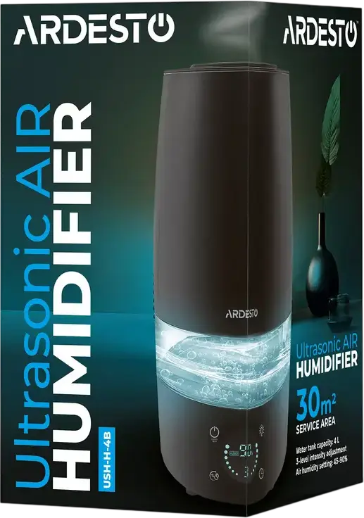 Ardesto USH-H-4B Ultrasonic Humidifier, 4L Tank, 280ml/h, Touch Control, LED Display, Remote, Timer, Hygrostat, Aroma Diffuser, 7-Color Light, Black