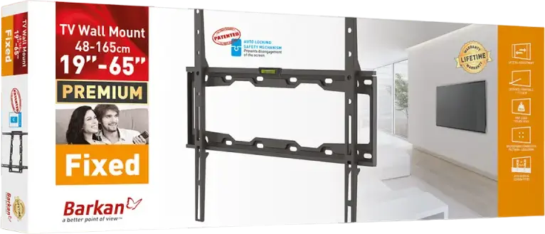 Barkan E302+ Fixed TV Wall Mount for 19-65 inch Screens, VESA up to 400x400mm, 50kg Load Capacity, Auto-Locking Mechanism, Black Metal