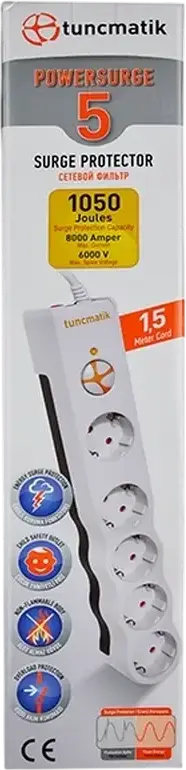 Tuncmatik TSK6134 Powersurge Surge Protector Power Strip, 5 Sockets, 1.5m Cable, 1050J Energy Absorption, 8000A Max Current, Child Safety Shutters, White
