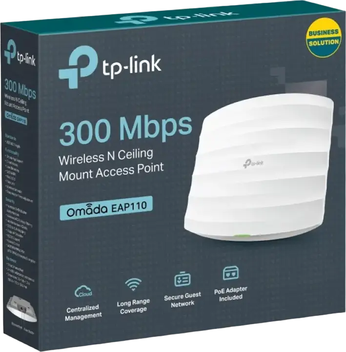 TP-Link EAP110 Access Point Wireless N pentru Plafon, 300 Mbps, 2.4 GHz, Passive PoE, Management Centralizat Omada Cloud, Alb