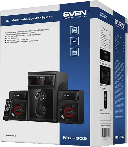 Sistem boxe multimedia SVEN MS-302 2.1, Putere 40W RMS, Cabinete din MDF, Radio FM, USB, Slot card SD, Display LED, Telecomanda, Negru