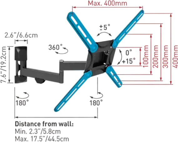 Suport TV de perete articulat Barkan 3420, Metal, pentru ecrane 13-65 inch, VESA pana la 400x400mm, Capacitate 30kg, Inclinare -15°, Negru