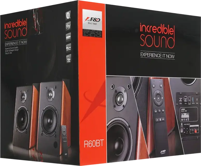 Мультимедийные колонки F&D R60BT 2.0 CH для ПК, 120 Вт RMS, вуфер 5.25", Bluetooth 4.0, NFC, оптический вход, USB, корпус МДФ, черный, пульт ДУ