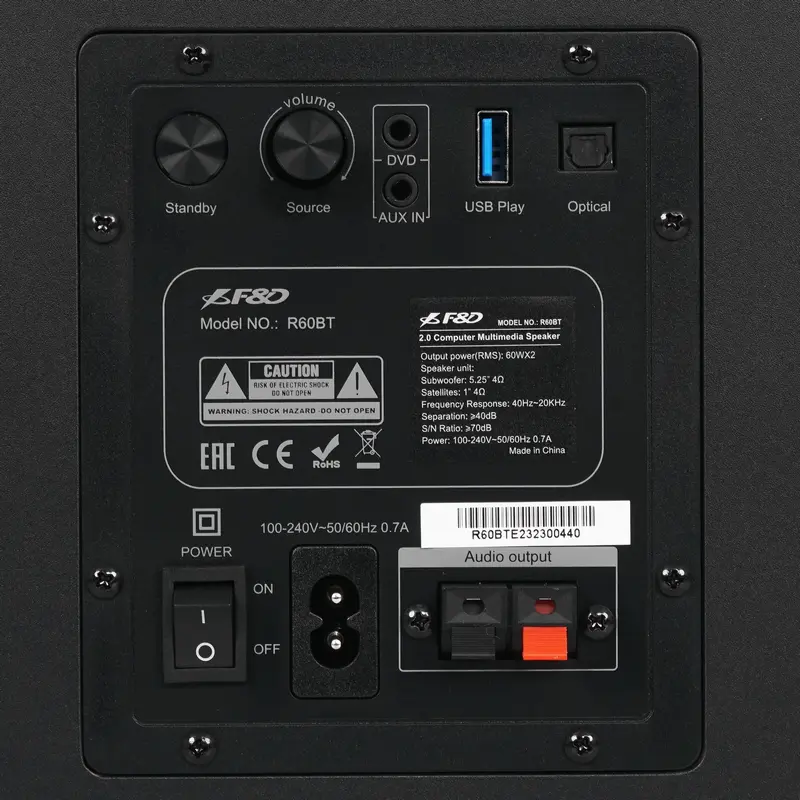 Мультимедийные колонки F&D R60BT 2.0 CH для ПК, 120 Вт RMS, вуфер 5.25", Bluetooth 4.0, NFC, оптический вход, USB, корпус МДФ, черный, пульт ДУ