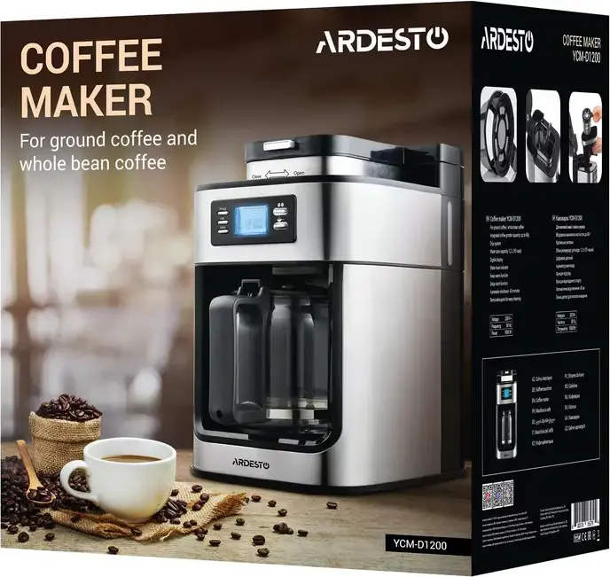 Ardesto YCM-D1200 Drip Coffee Maker with Built-in Grinder, 1.2L Water Tank, 10 Cups, Stainless Steel Housing, Digital Display & Delayed Start, Silver-Black