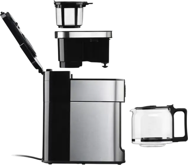 Ardesto YCM-D1200 Drip Coffee Maker with Built-in Grinder, 1.2L Water Tank, 10 Cups, Stainless Steel Housing, Digital Display & Delayed Start, Silver-Black