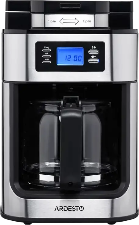 Ardesto YCM-D1200 Drip Coffee Maker with Built-in Grinder, 1.2L Water Tank, 10 Cups, Stainless Steel Housing, Digital Display & Delayed Start, Silver-Black