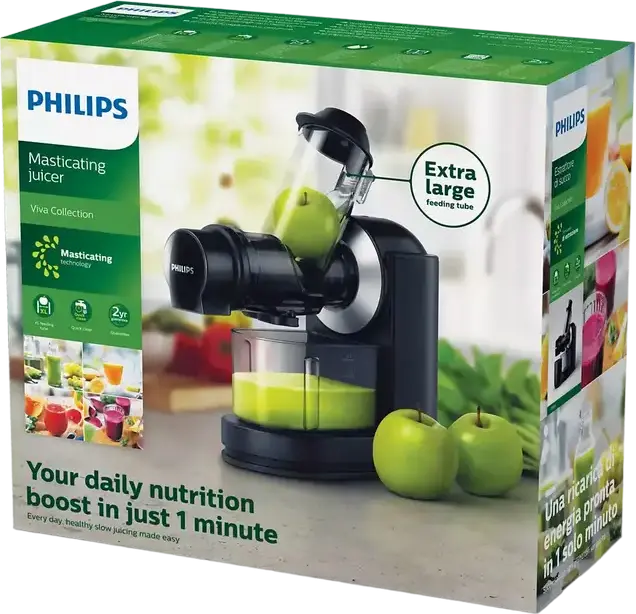 Sorcator de fructe și legume Philips Viva Collection HR1889/70 Slow Juicer, 150W, Tub de alimentare XL, Tehnologie QuickClean, Lame Inox, Negru