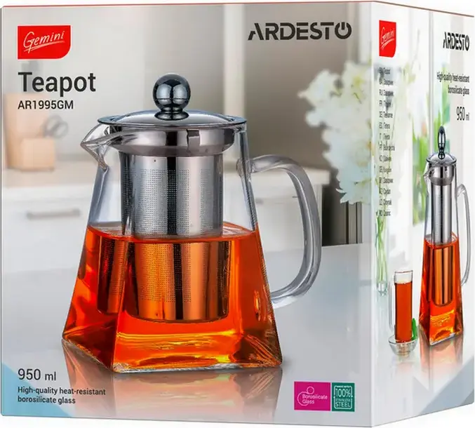 Ardesto AR1995GM Gemini Roma Borosilicate Glass Teapot with Stainless Steel Infuser, 950ml, Heat-Resistant Transparent Tea Pot