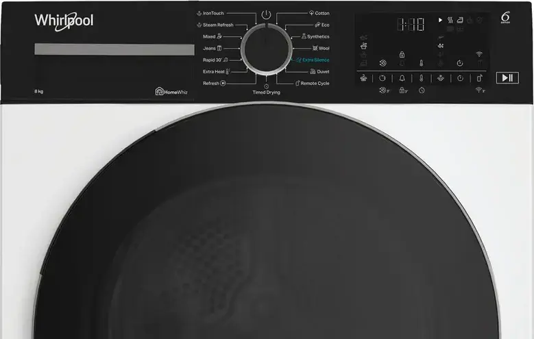 Whirlpool WP C8 WBS EE Heat Pump Condensation Dryer, 8kg Capacity, Energy Class C, 6th Sense AI, HomeWhiz Wi-Fi, Inverter Motor, White/Black