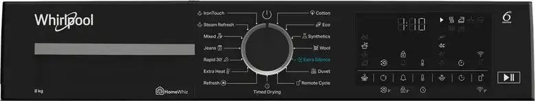 Whirlpool WP C8 WBS EE Heat Pump Condensation Dryer, 8kg Capacity, Energy Class C, 6th Sense AI, HomeWhiz Wi-Fi, Inverter Motor, White/Black