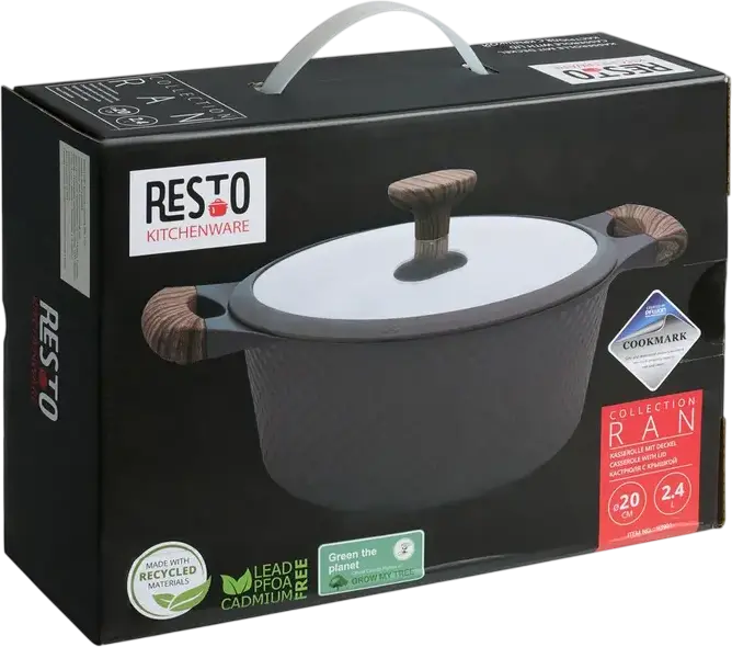 Resto 93901 RAN Aluminium Casserole with Glass Lid, 20 cm, 2.4L, Pfluon Cookmark Non-Stick Coating, Induction Bottom, PFOA Free, Black