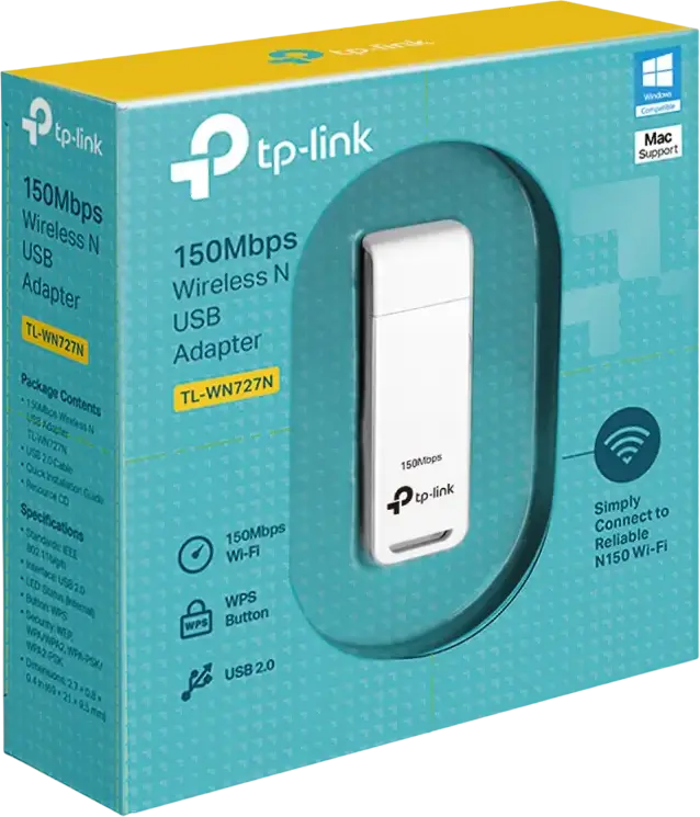 TP-Link TL-WN727N Wireless N USB Adapter, 150Mbps Wi-Fi, 2.4GHz, 802.11n/g/b, USB 2.0 Interface, Internal Antenna, WPS Button, White