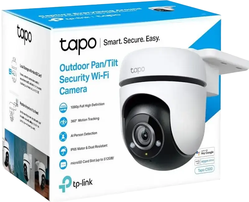 TP-Link Tapo C500 Outdoor Pan/Tilt Security Wi-Fi Camera, 1080p Full HD, IP65 Weatherproof, 360° Coverage, Color Night Vision, Two-Way Audio, AI Detection