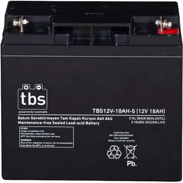 Baterie Tuncmatik TBS12V-18AH-5 VRLA Etanșată fără Întreținere, 12V 18Ah, Terminal T3, pentru UPS, 182x77x168 mm