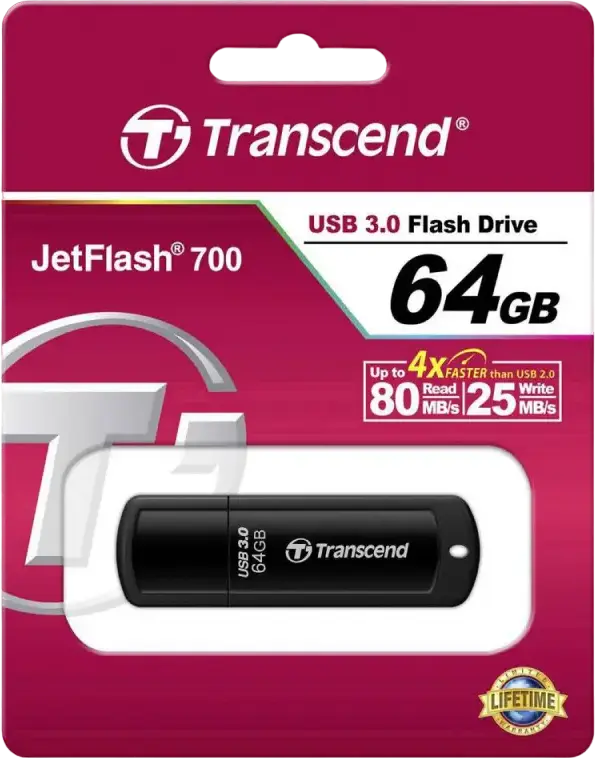 Transcend JetFlash 700 64GB USB 3.1 Gen 1 Flash Drive, TS64GJF700, USB 5Gbps Type-A, Read Speed up to 90MB/s, Black ABS Plastic, Windows macOS Linux