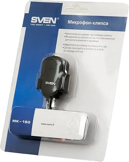 SVEN MK-150 Omnidirectional Electret Condenser Lavalier Microphone, 3.5mm Mini-Jack, 50-16000Hz, 1.8m Cable, with On/Off Switch and Table Mount, Black