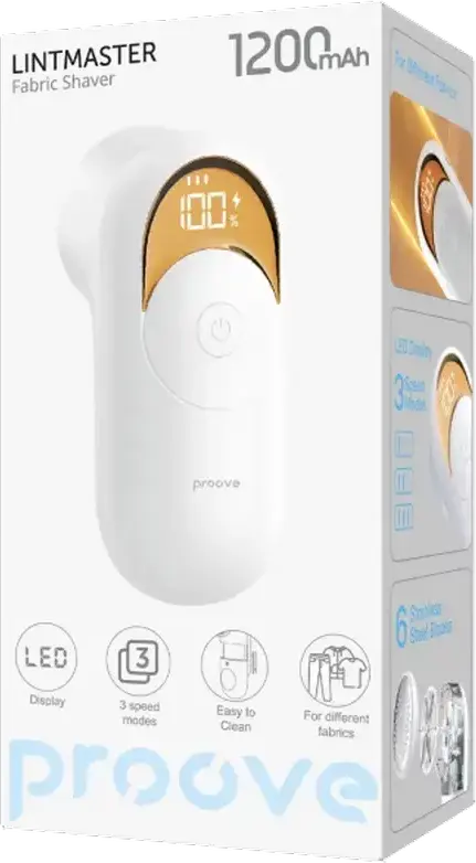 Aparat de îndepărtat scame Proove LintMaster, Mașină de ras textile, 6 Lame, Baterie 1200 mAh, Afișaj Digital Procent Baterie, Alb
