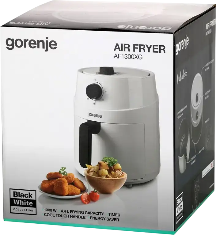 Gorenje AF1300XG Air Fryer, 4.5L Non-stick Bowl, 1300W Power, Rotary Control, Timer & Temperature Adjustment (80-200°C), White/Black, Cool Touch Handle
