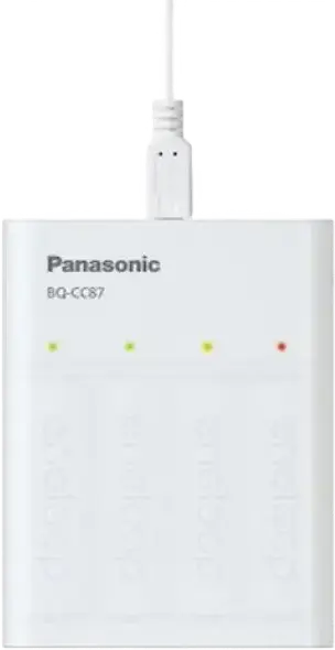Panasonic BQ-CC87 USB Quick Charger for AA and AAA Ni-MH Batteries, 4 Slots with LED Status Indicators and Power Bank Output Function, White