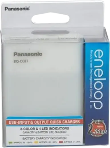 Panasonic BQ-CC87 USB Quick Charger for AA and AAA Ni-MH Batteries, 4 Slots with LED Status Indicators and Power Bank Output Function, White