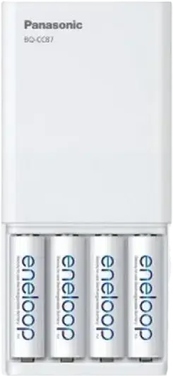 Panasonic BQ-CC87 USB Quick Charger for AA and AAA Ni-MH Batteries, 4 Slots with LED Status Indicators and Power Bank Output Function, White
