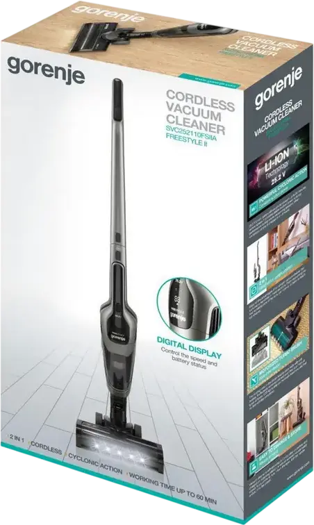 Aspirator Vertical Wireless Gorenje SVC252110FSIIA Freestyle II, 2-in-1, Baterie Li-Ion, Autonomie 60 min, Perie Turbo, Iluminare LED, Gri